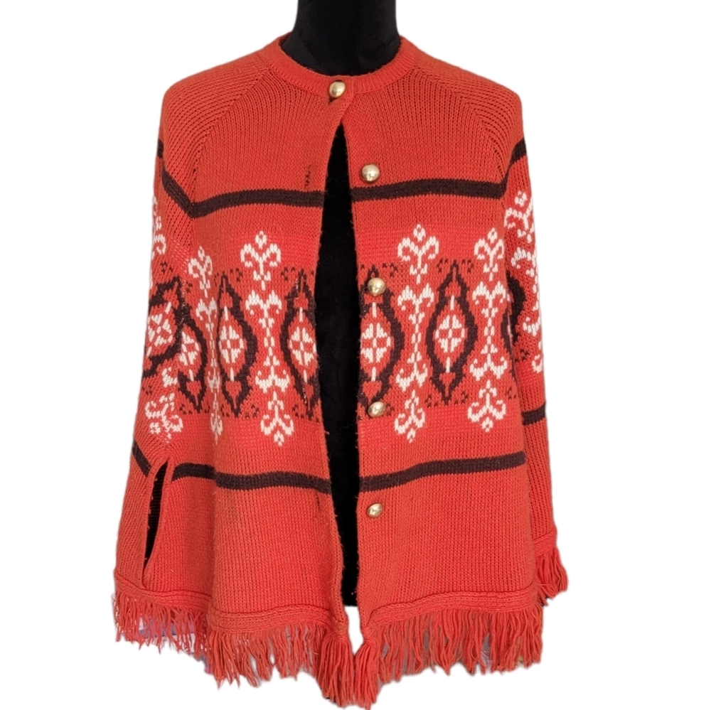 Vintage 1960's Kingsley Acrylic Hand Knitted Orangr Sweater Fringe Cape OS